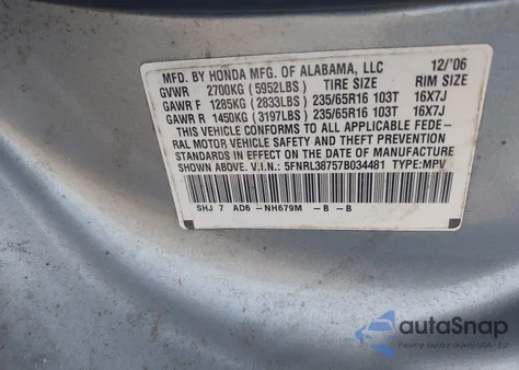 2007 Honda Odyssey Ex-L z USA, uszkodzony, nr VIN 5FNRL38757B034481